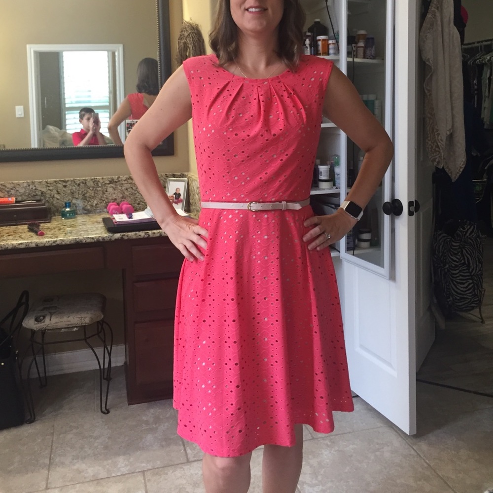 Bright peach and nude sleeveless knee length dress